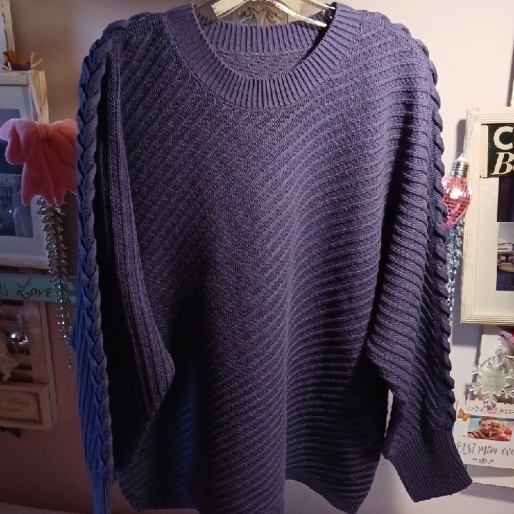Elegant! Vera Wang Braided Purple Design Raglan Sleeve Sweater XL 💜⚜️💜 New